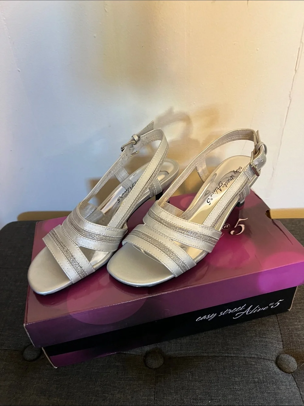 easy street  Dance flex sole Silver Strappy Slingback Heels
